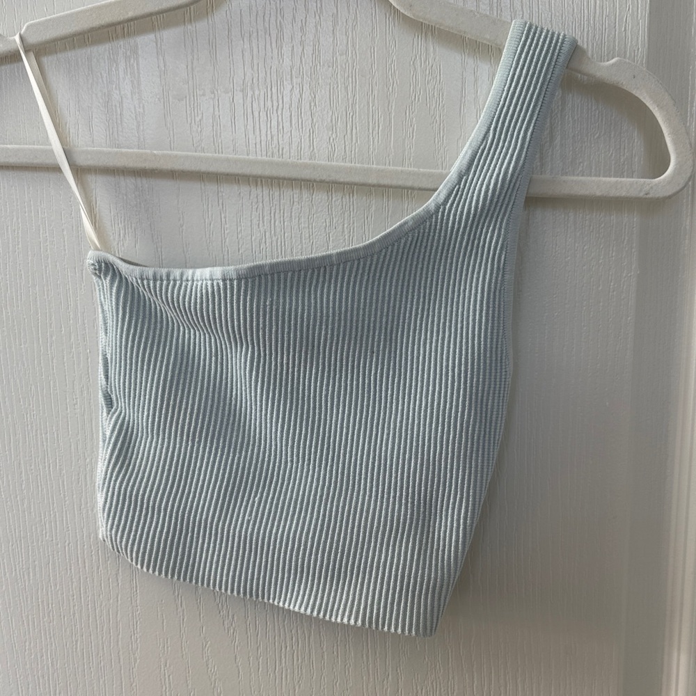 Babaton Ribbed Knit One Shoulder Top in Light Blue